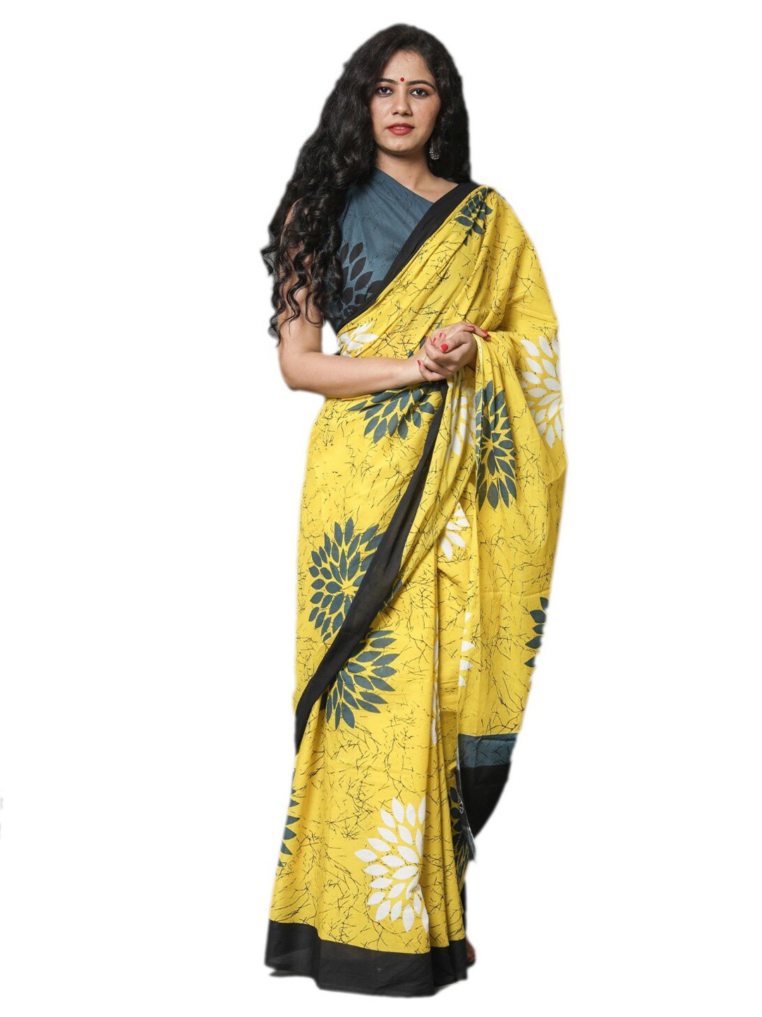 

clothonus Ethnic Motifs Block Printed Pure Cotton Saree, Yellow