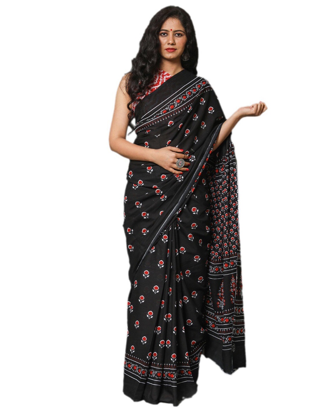 clothonus Floral Pure Cotton Block Printed Saree, Black