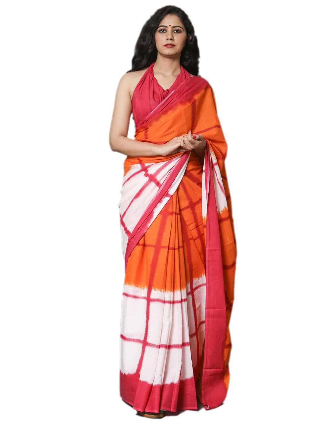 

clothonus Checked Pure Cotton Block Printed Saree, Orange