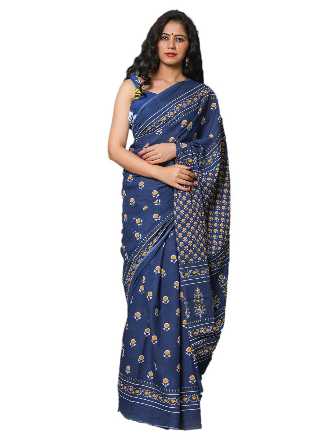 

clothonus Blue & Yellow Ethnic Motifs Pure Cotton Block Print Saree