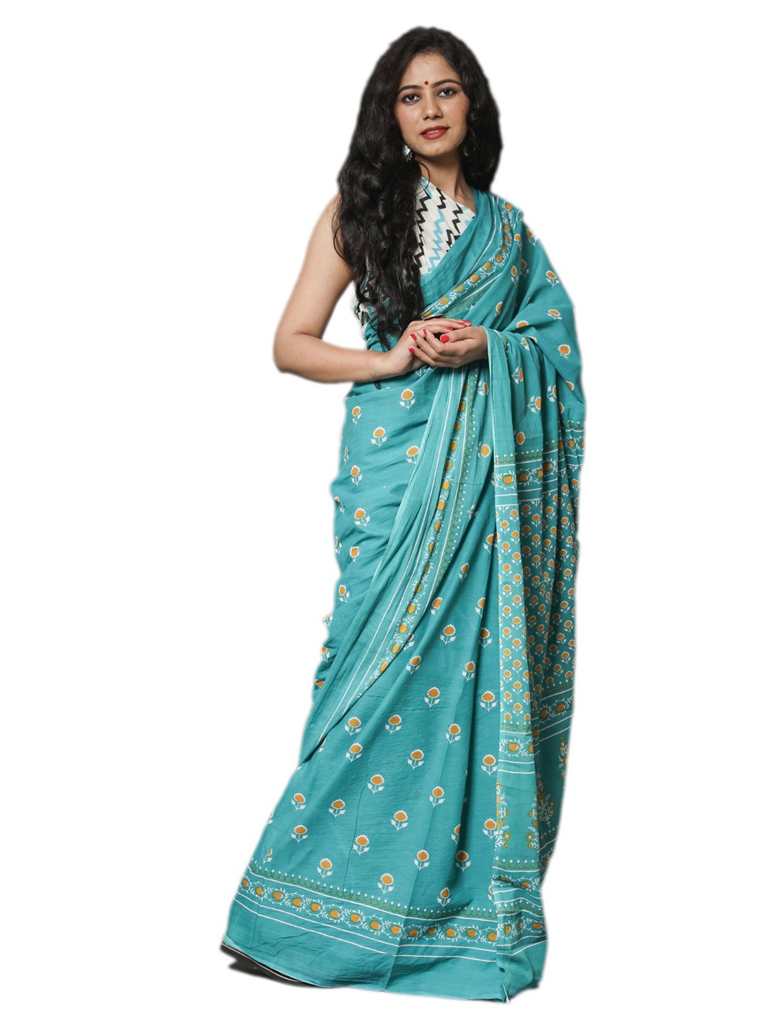 

clothonus Ethnic Motifs Printed Pure Cotton Block Print Saree, Turquoise blue