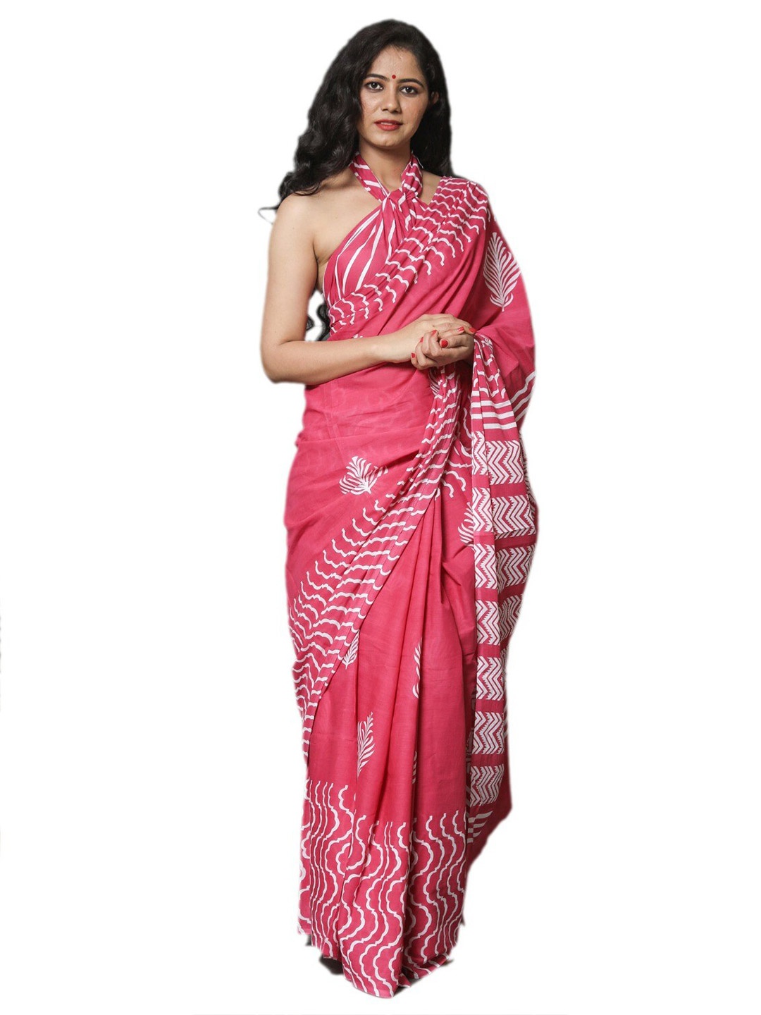 

clothonus Pink & White Ethnic Motifs Pure Cotton Block Print Saree