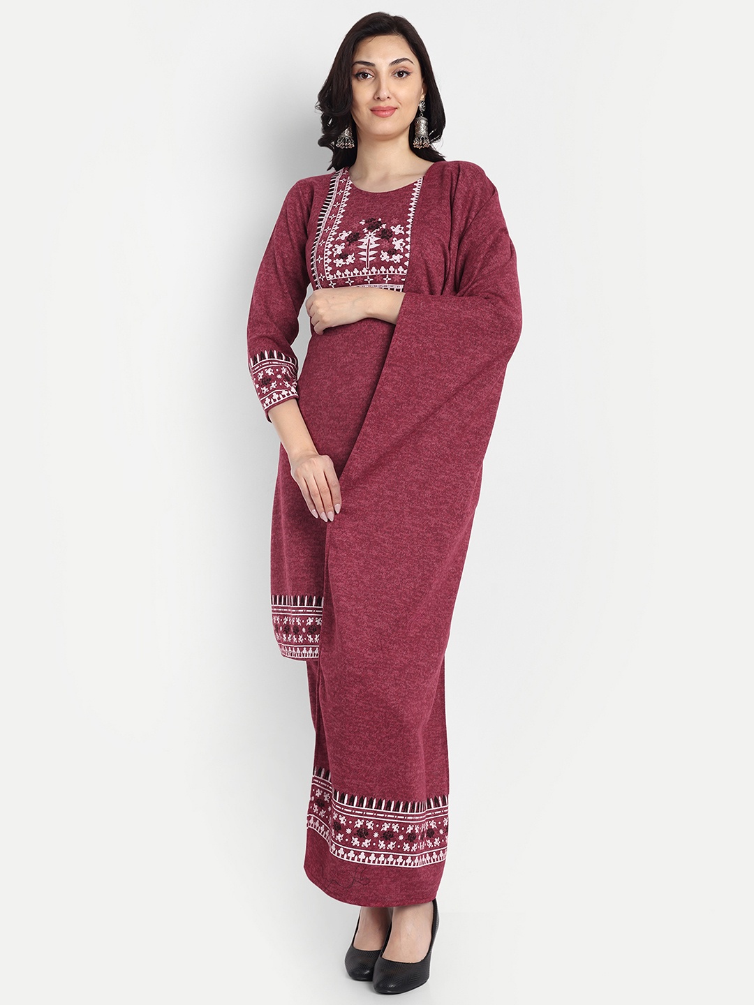 

FNOCKS Floral Embroidered Straight Thread Work Kurta With Palazzos & Dupatta, Maroon
