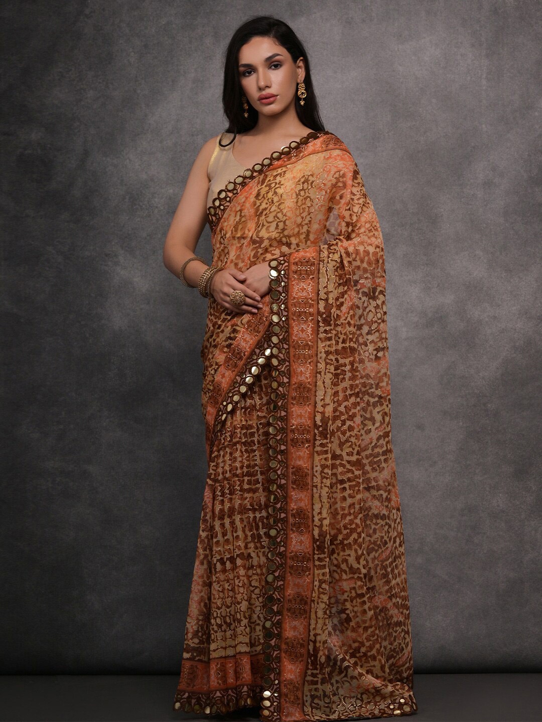 

Anouk Beige & Brown Ethnic Motifs Embellished Gotta Patti Pure Georgette Saree
