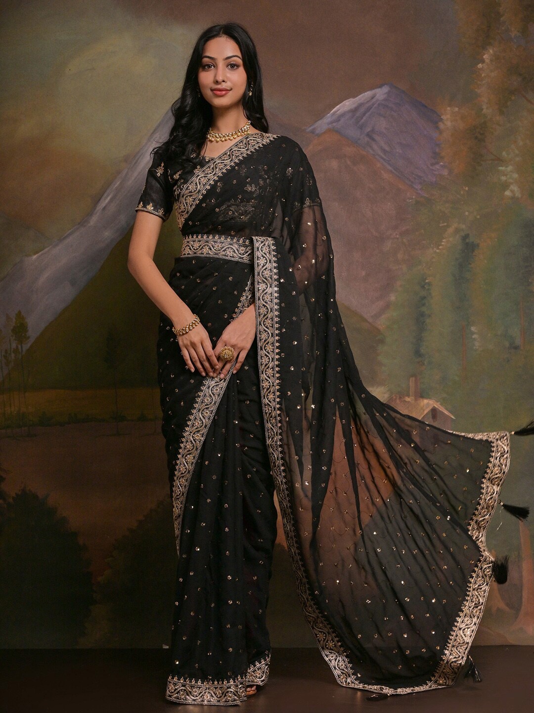 

Anouk Black & Brown Floral Embellished Sequinned Pure Georgette Saree