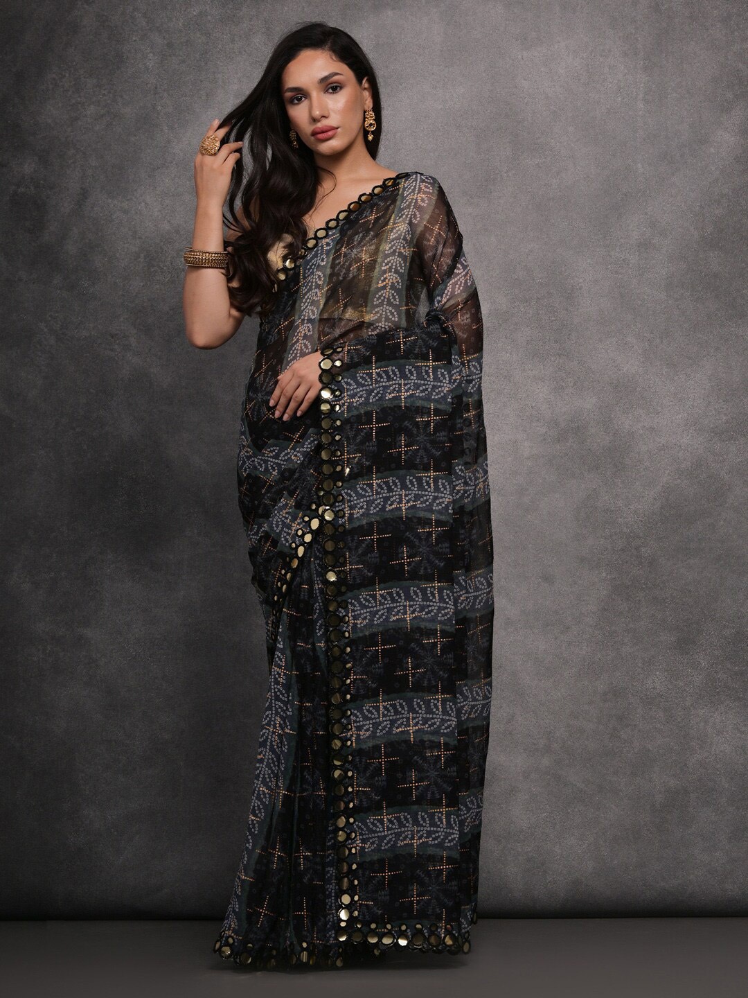 

Anouk Black & White Bandhani Gotta Patti Pure Georgette Saree