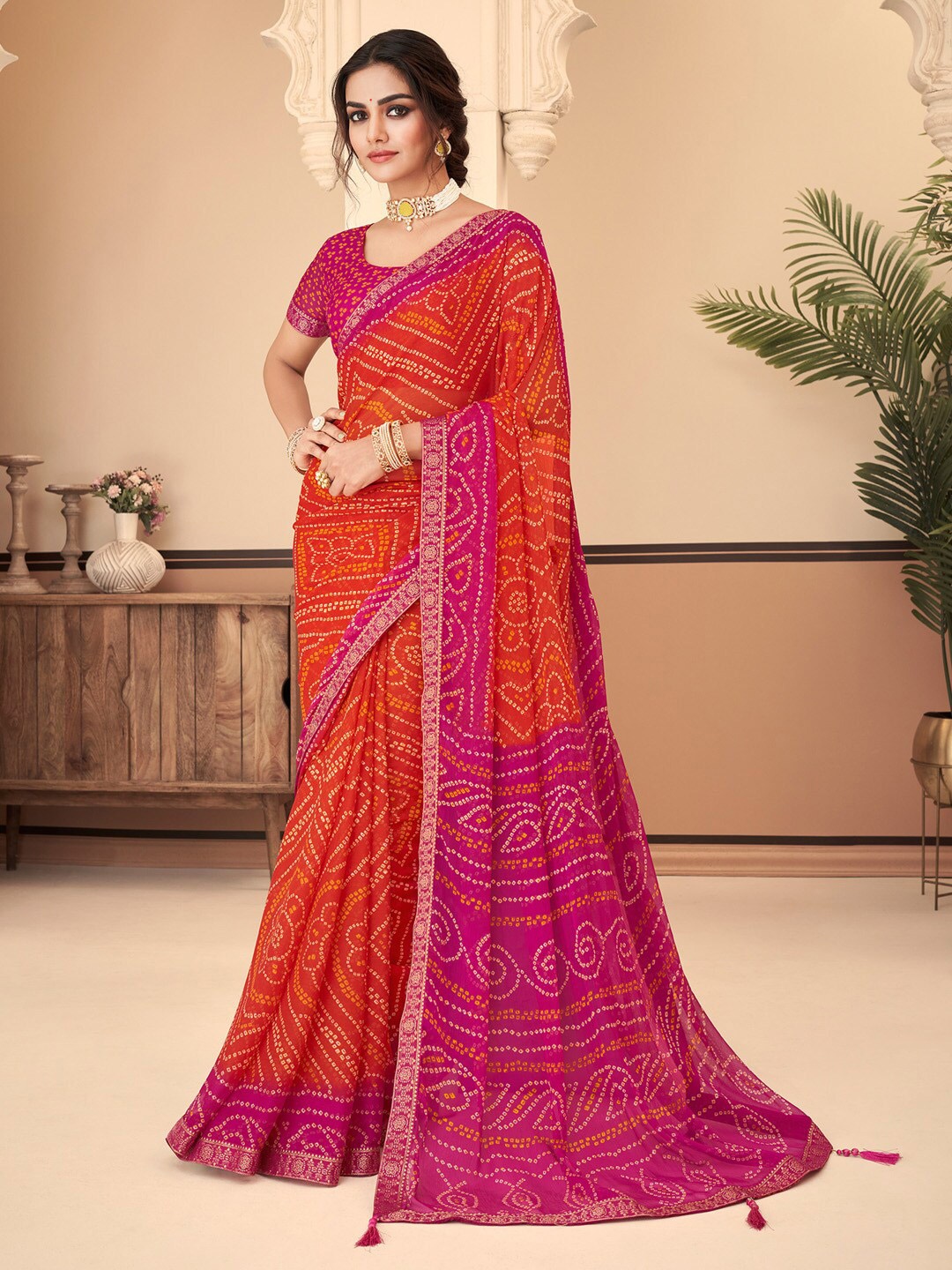 

Anouk Orange & Pink Bandhani Embroidered Bandhani Saree