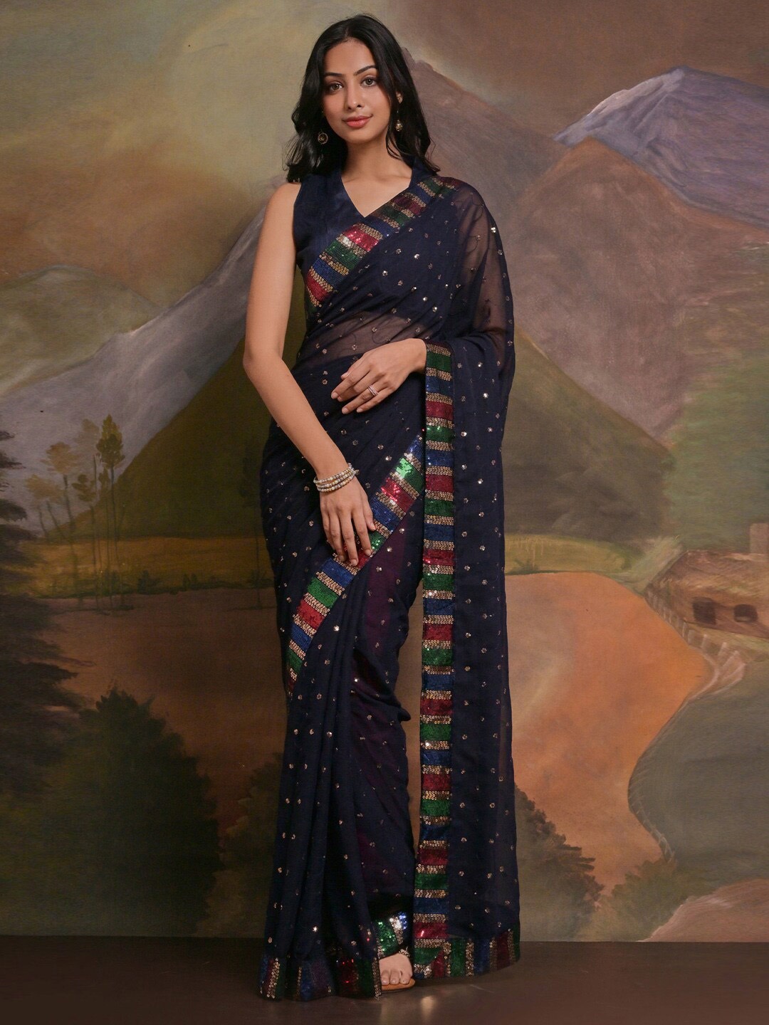 

Anouk Navy Blue Woven Design Embellished Sequinned Pure Georgette Saree