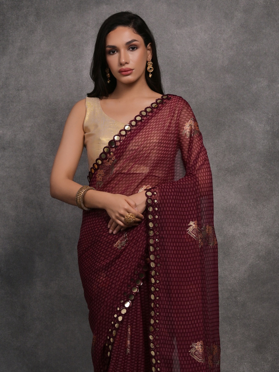 

Anouk Ethnic Motifs Mirror Work Pure Georgette Saree, Maroon