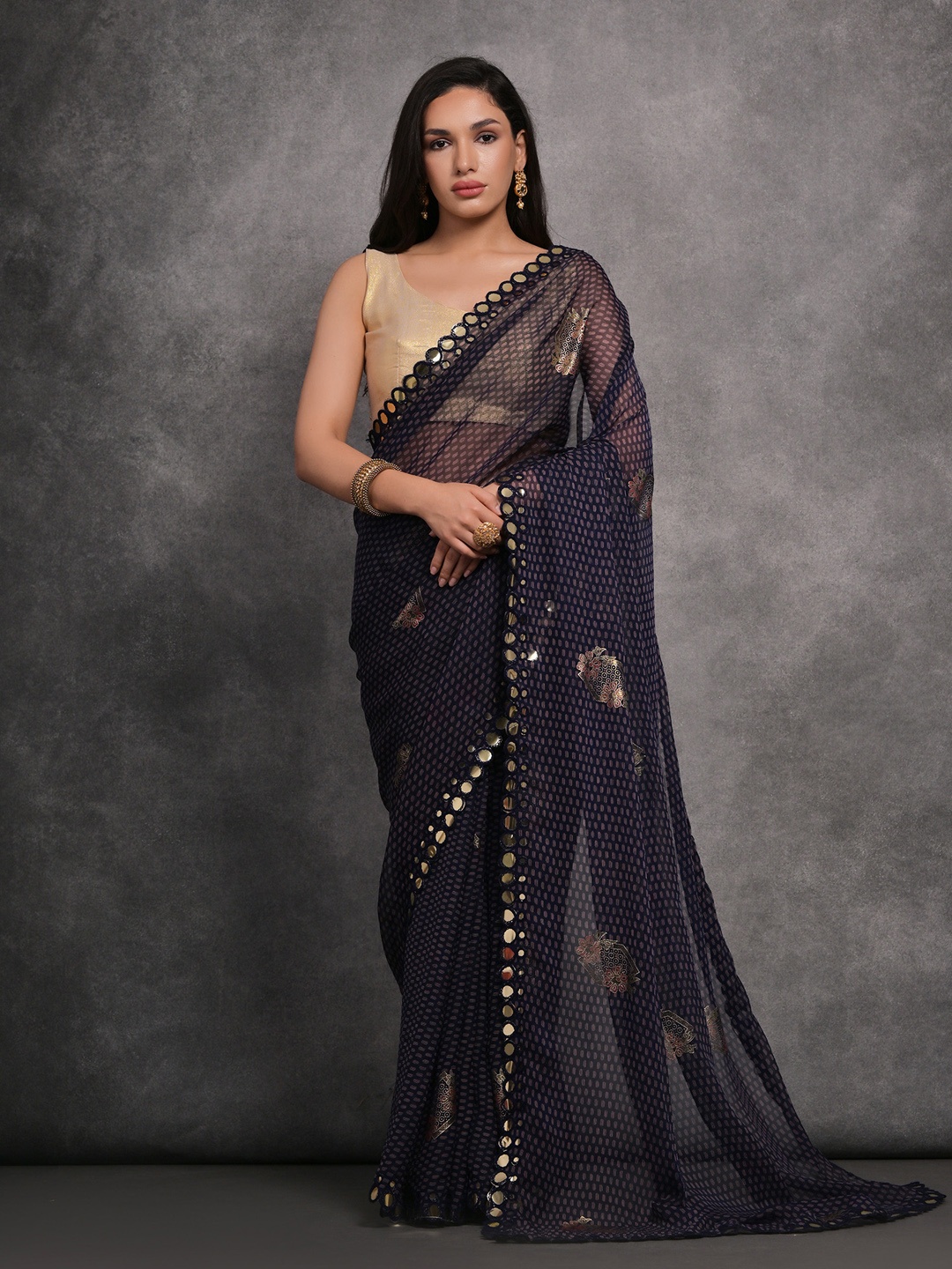 

Anouk Navy Blue Ethnic Motifs Printed Gotta Patti Pure Georgette Saree