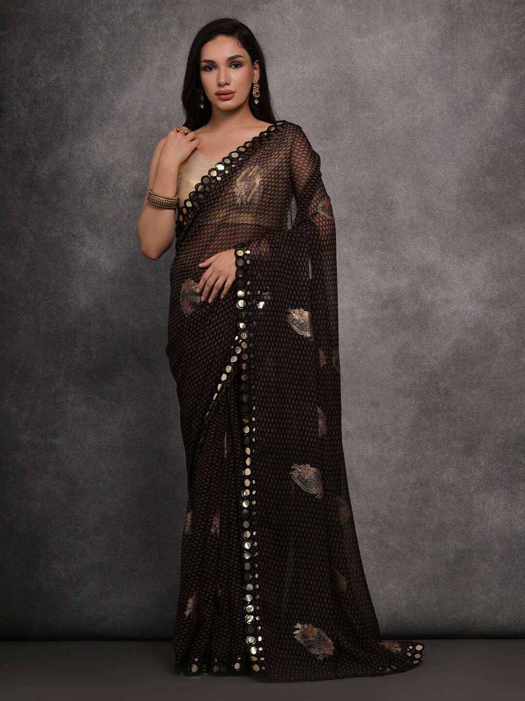 

Anouk Ethnic Motifs Embellished Border Pure Georgette Saree, Black