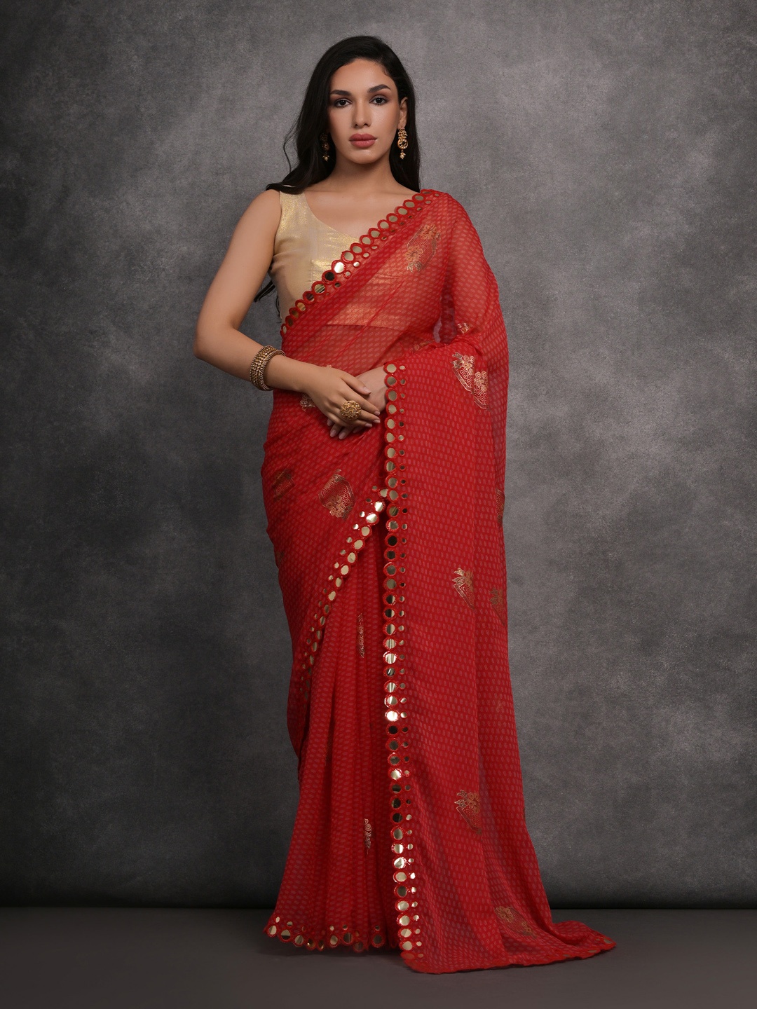 

Anouk Ethnic Motifs Mirror Work Pure Georgette Saree, Red