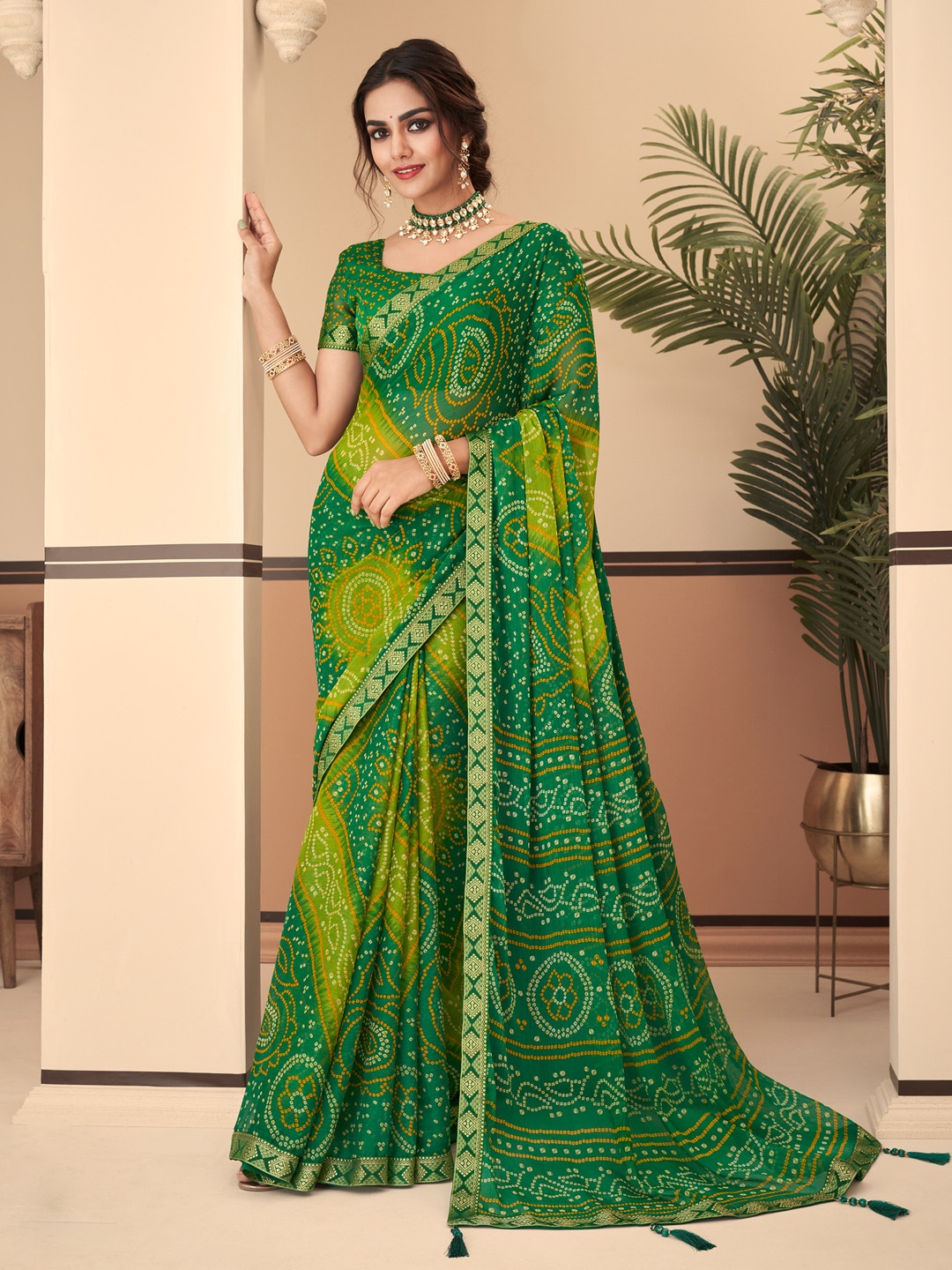 

Anouk Bandhani Woven Design Pure Chiffon Bandhani Saree, Green