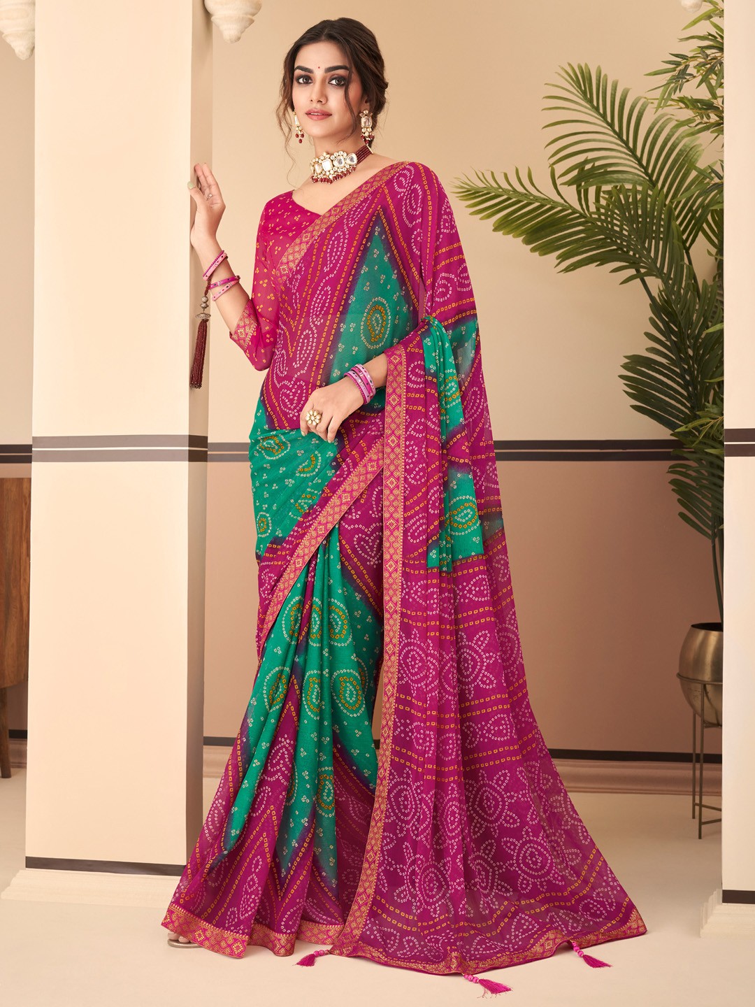 

Anouk Bandhani Embroidered Pure Chiffon Bandhani Saree, Pink
