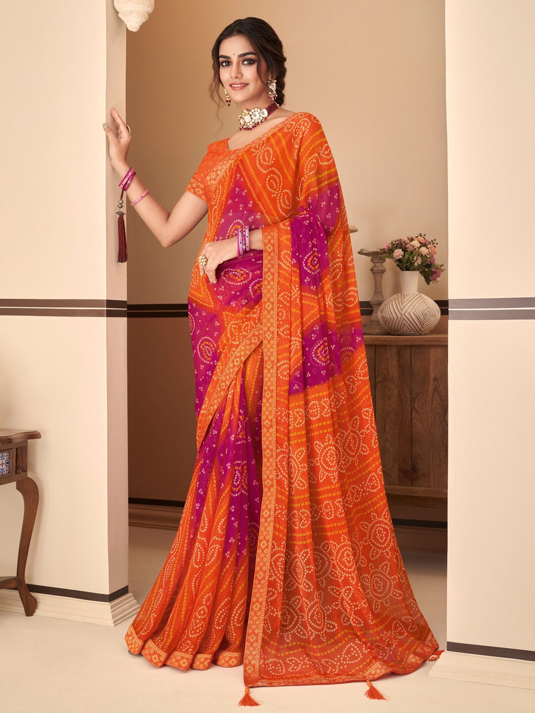 

Anouk Bandhani Embellished Border Pure Chiffon Bandhani Saree, Orange