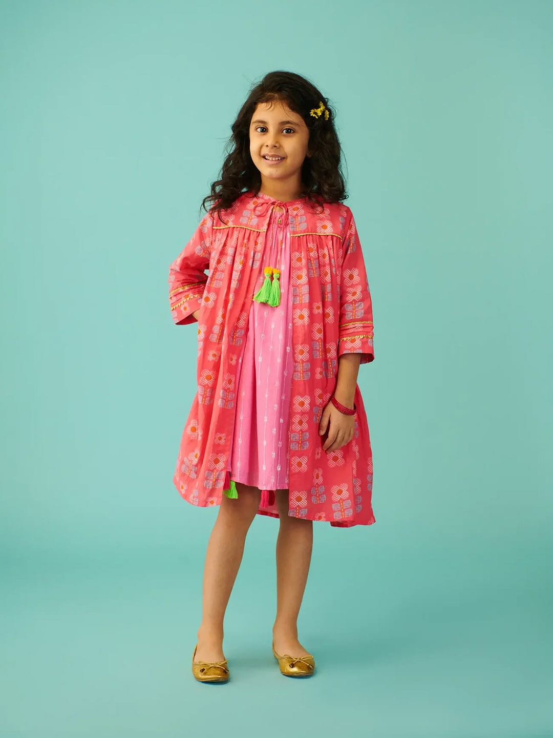 

Somersault Girls Round neck Three-quarte sleeves Floral Printed Cotton A-Line Dress, Pink