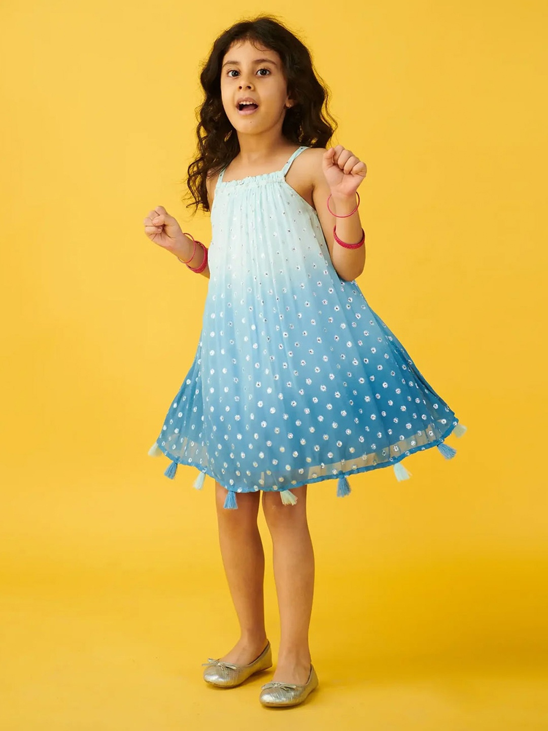 

Somersault Shoulder Straps Polka Dot Printed Georgette A-Line Dress, Blue