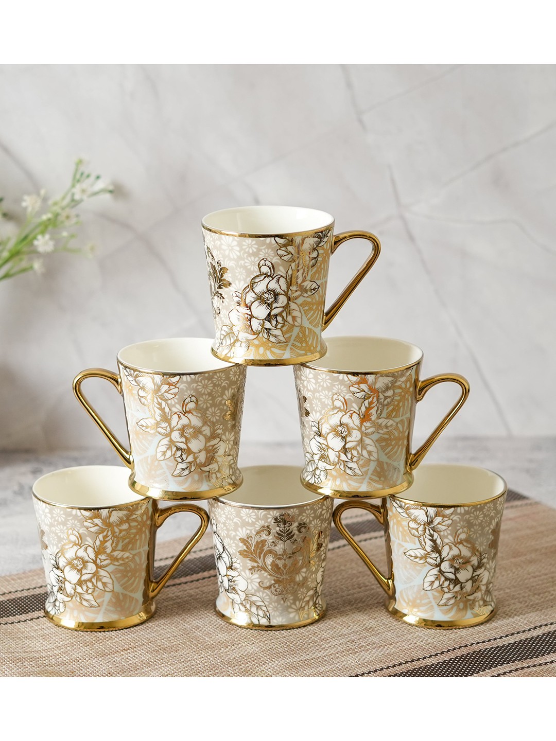 

Femora Gold-Toned & White 6 Pieces Floral Printed Ceramic Glossy Cups 180 ml Each