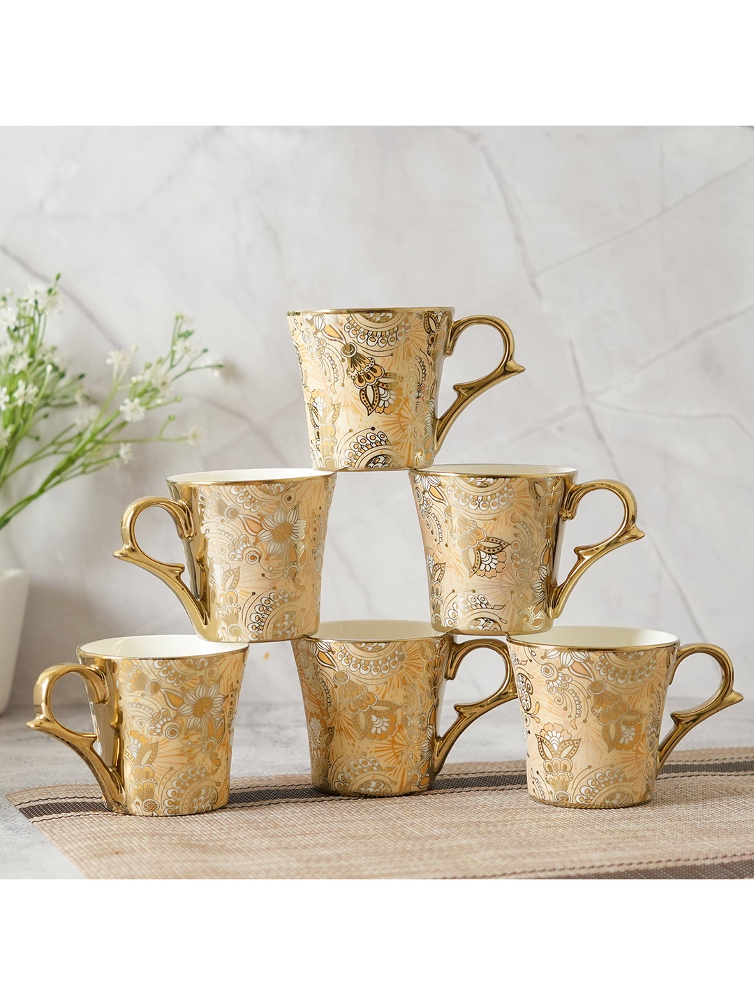 

Femora Gold-Toned 6 Pieces Floral Printed Ceramic Glossy Cups 180 ml