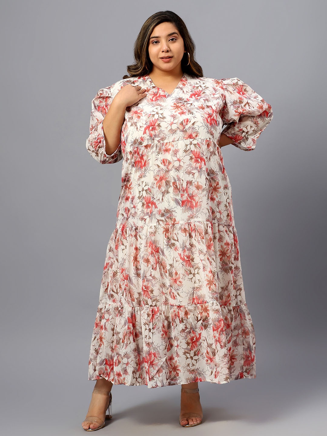 

Indietoga Plus Size Floral Printed V-Neck Georgette Maxi Dress, Red