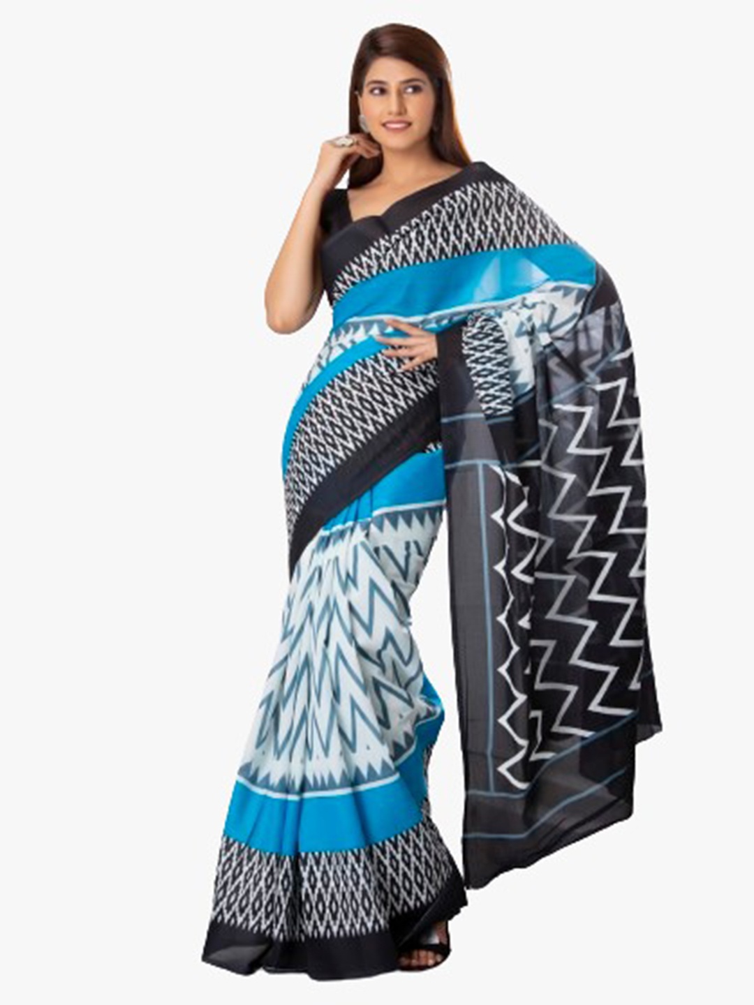 

clothonus Blue & Navy Blue Pure Cotton Block Print Saree