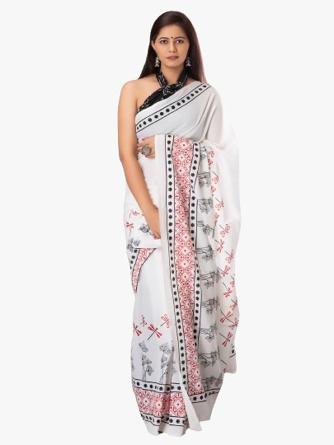 

clothonus White & Black Ethnic Motifs Pure Cotton Block Print Saree