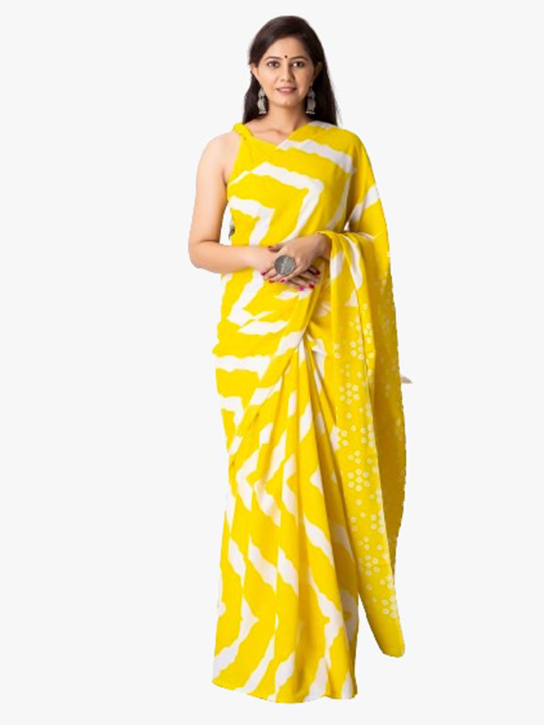 

clothonus Ikat Pure Cotton Block Printed Saree, Yellow
