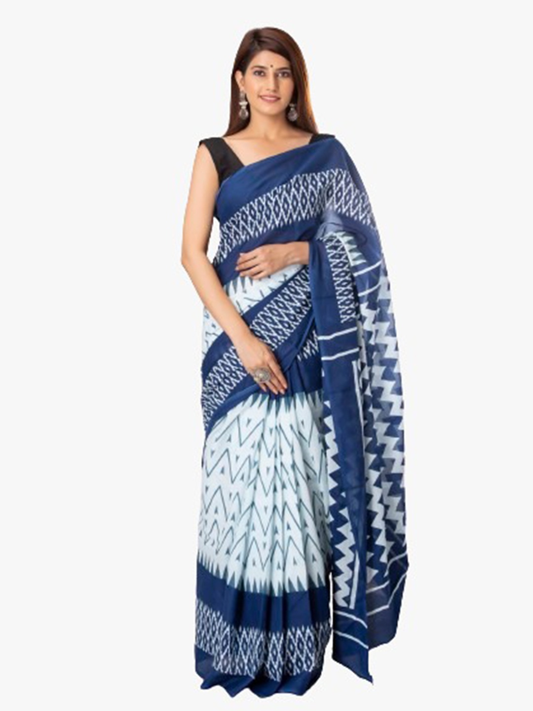 

clothonus Geometric Printed Pure Cotton Block Print Saree, Blue