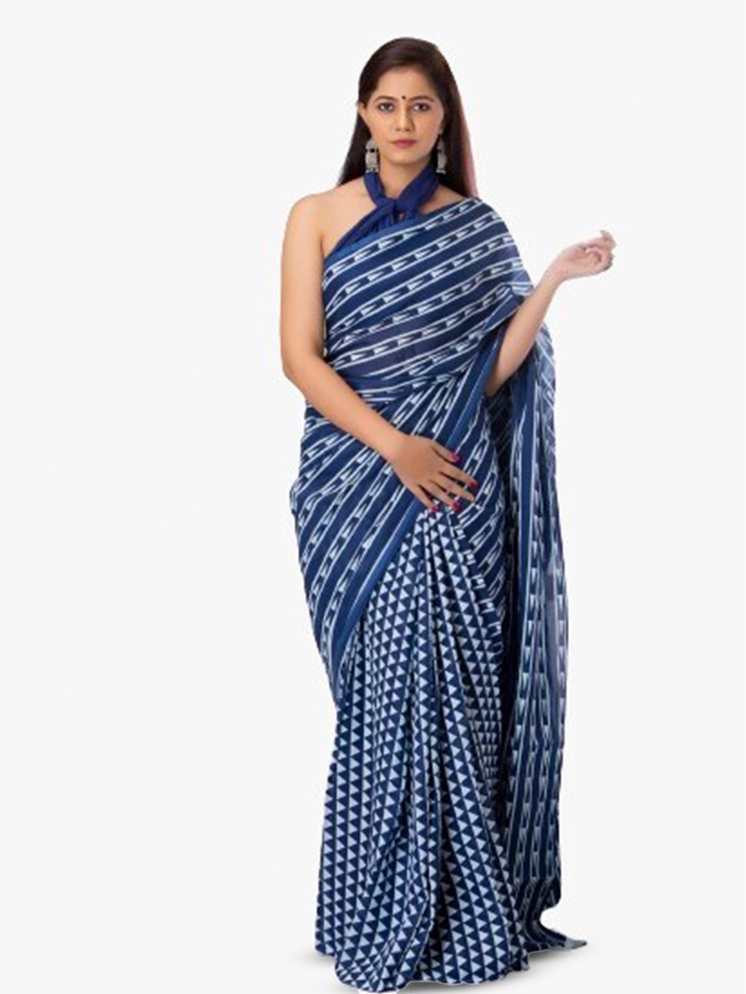 

clothonus Striped Pure Cotton Block Printed Saree, Blue