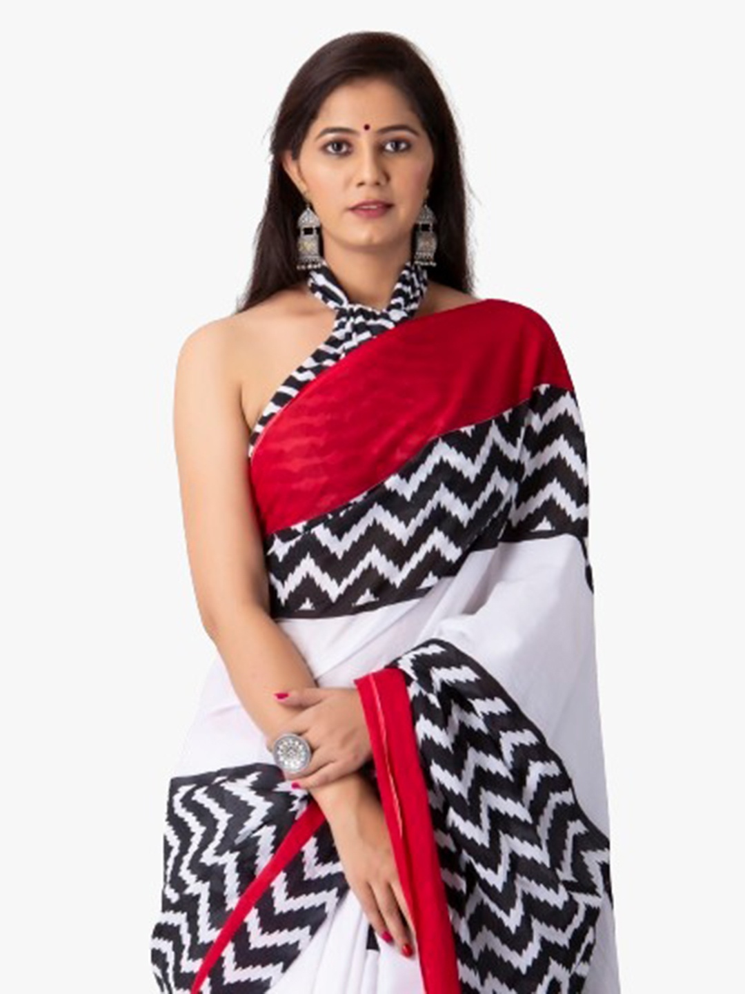 

clothonus Geometric Printed Pure Cotton Block Print Saree, Red