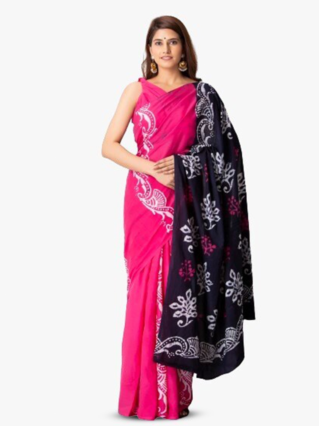 

clothonus Ethnic Motifs Pure Cotton Block Printed Saree, Pink