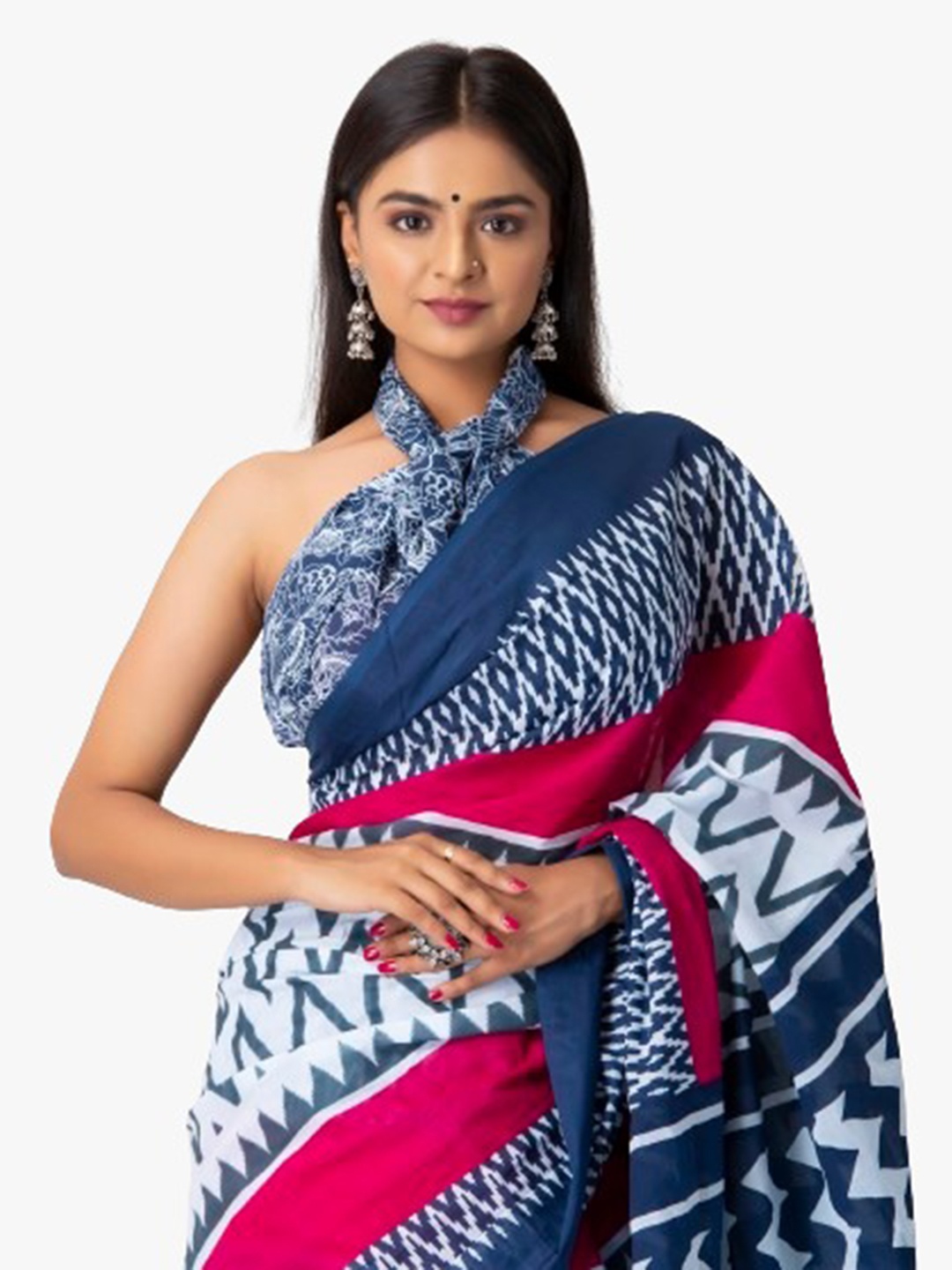 

clothonus Geometric Printed Pure Cotton Block Print Saree, Pink