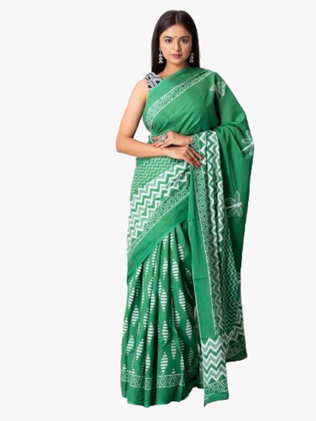 

clothonus Geometric Printed Pure Cotton Block Print Saree, Green