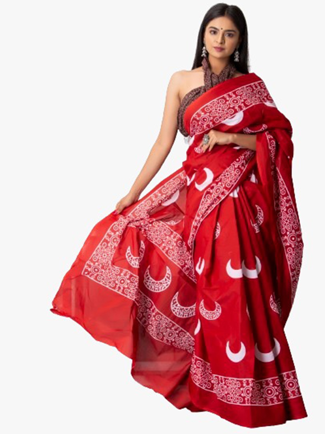 

clothonus Ethnic Motifs Printed Pure Cotton Block Print Saree, Red