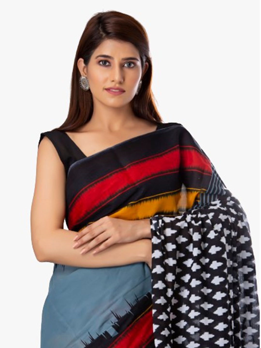 

clothonus Abstract Printed Pure Cotton Block Print Saree, Grey