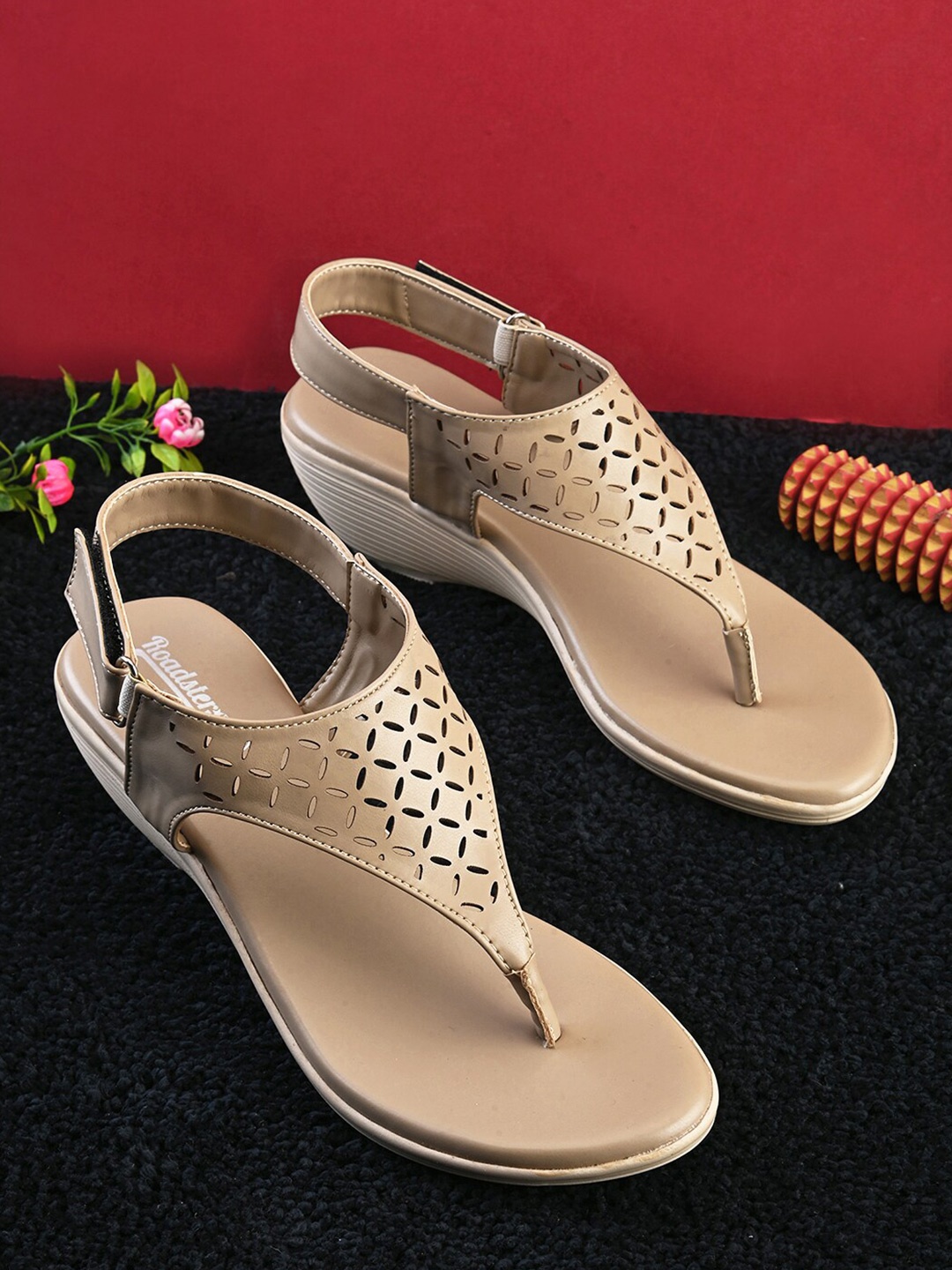

The Roadster Lifestyle Co. Textured Laser Cuts Detail Open Toe Flats, Beige