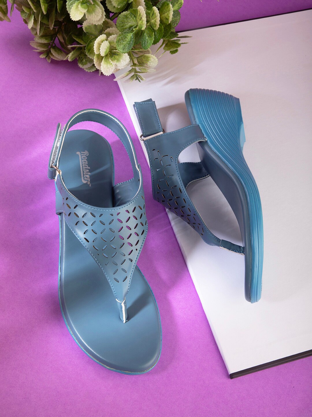 

The Roadster Lifestyle Co. Textured Laser Cuts Detail Open Toe Flats, Blue