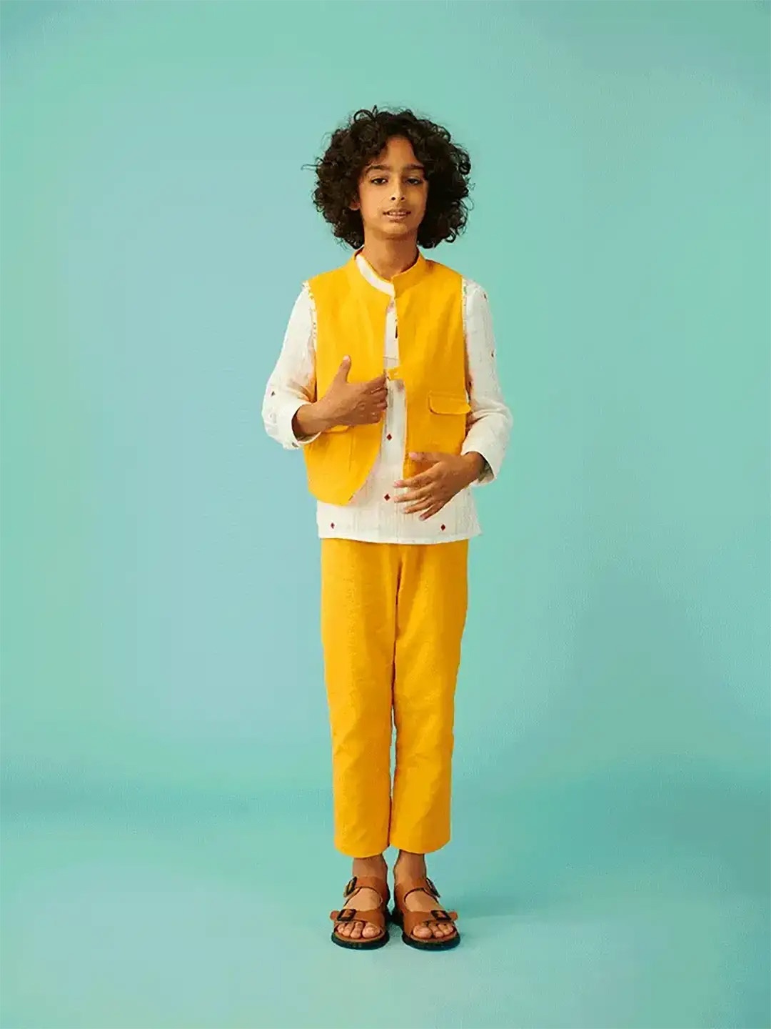 

Somersault Boys Embroidered Mandarin Collar Kurta With Trouser & Jacket, Yellow