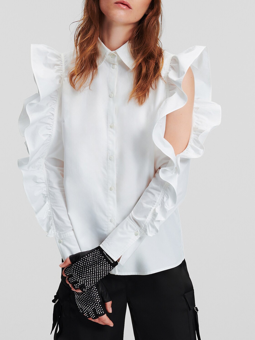 

Karl Lagerfeld Cotton Ruffled Cold-Shoulder Casual Shirt, White