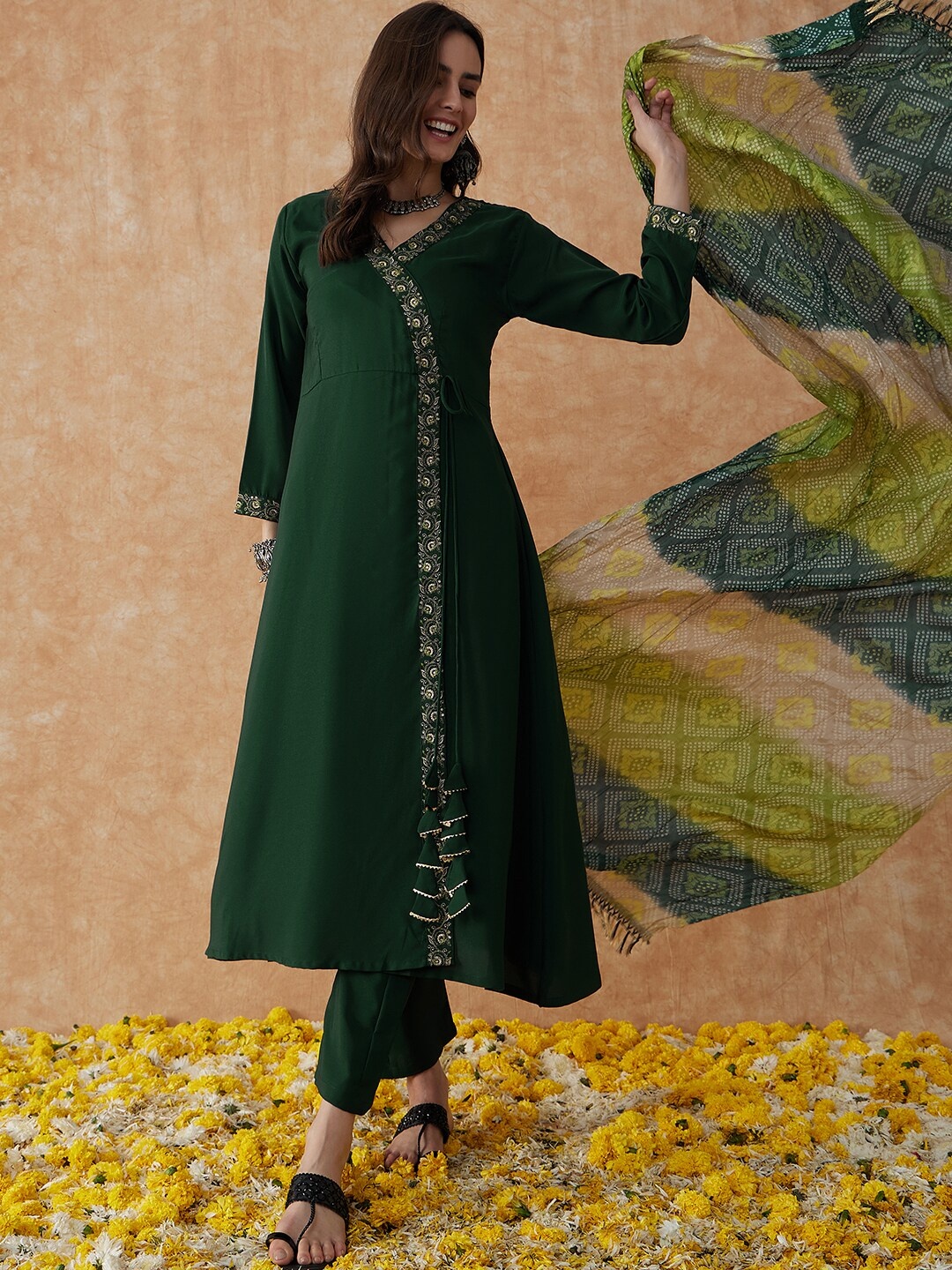 

Sangria V Neck Long Sleeves Sequined Embroidered Angrakha Kurta with Trousers & Dupatta, Green