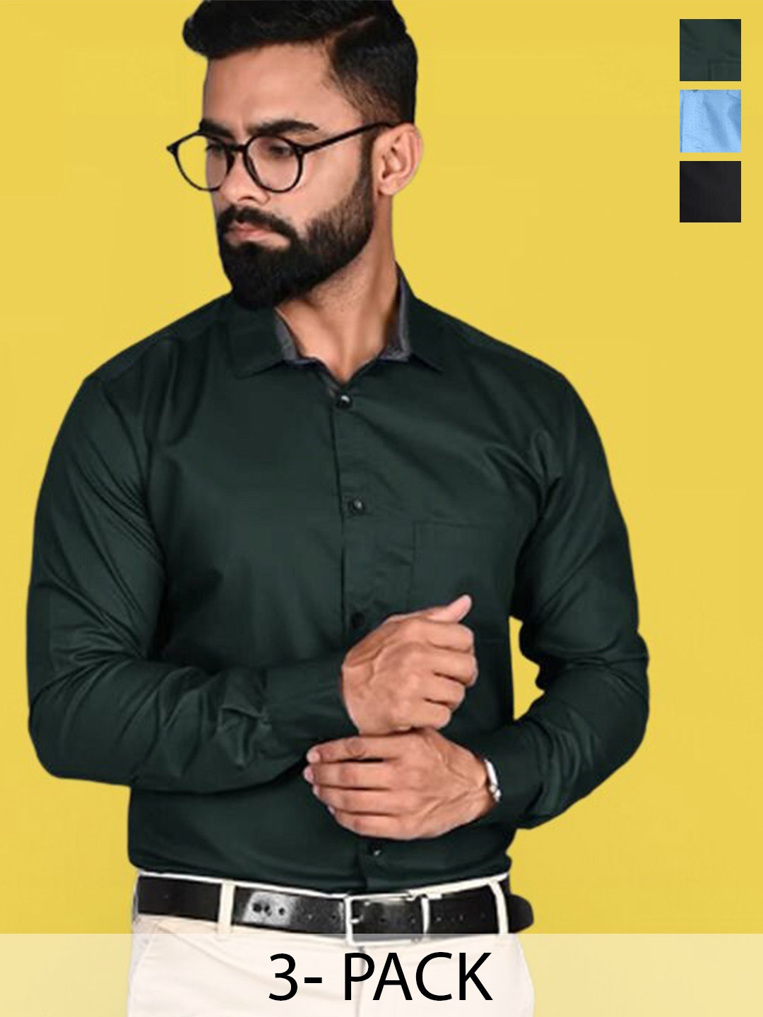 

7Threads Standard Pack Of 3 Cotton Casual Shirts, Green