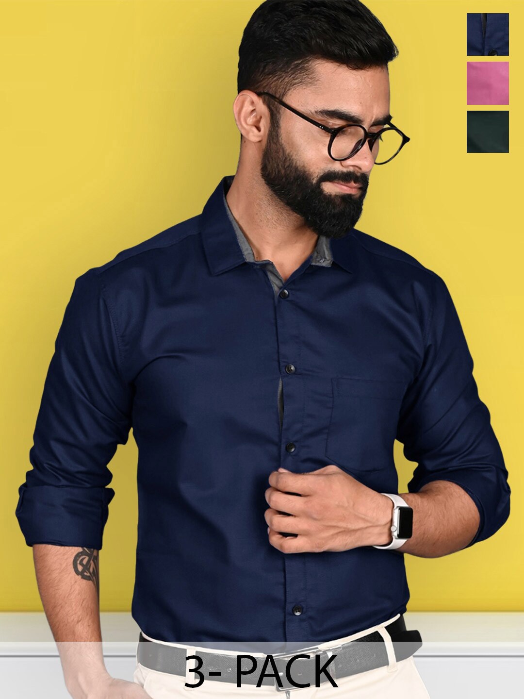 

7Threads Standard Pack Of 3 Cotton Casual Shirts, Navy blue
