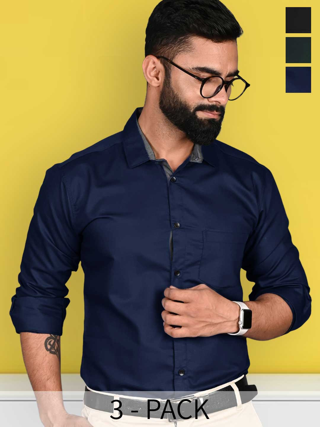 

7Threads Pack Of 3 Standard Cotton Casual Shirt, Navy blue