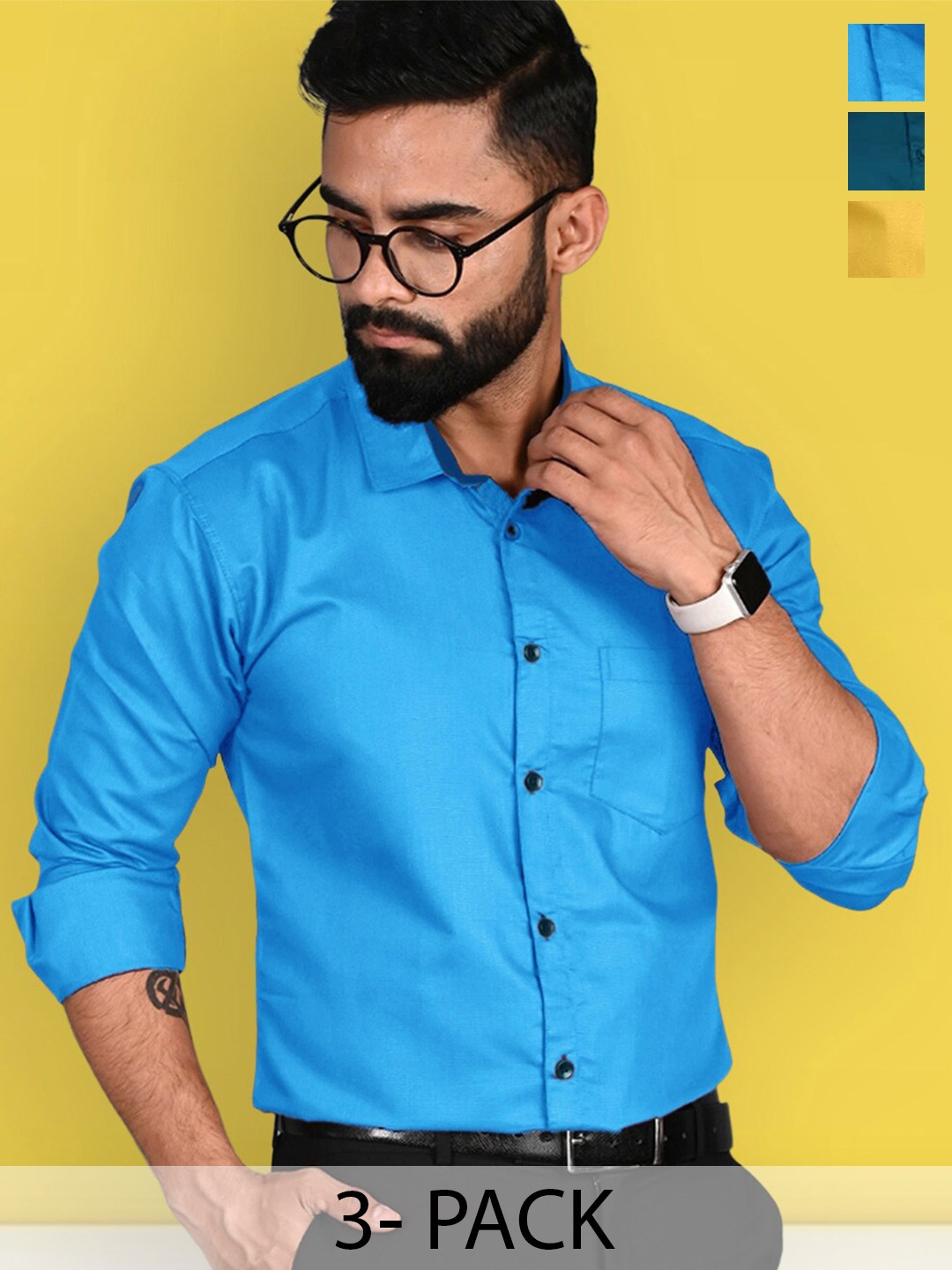 

7Threads Standard Pack Of 3 Cotton Casual Shirts, Blue