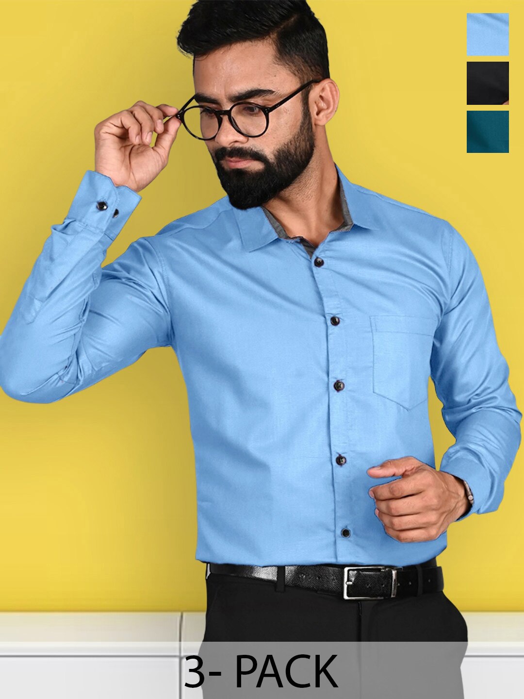 

7Threads Pack Of 3 Standard Fit Long Sleeve Formal Shirt, Blue