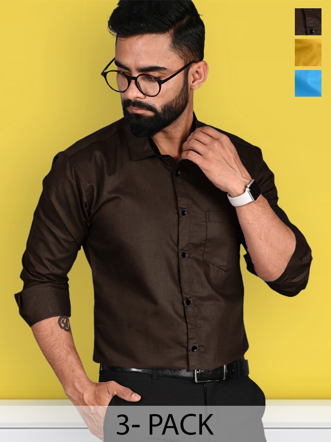

7Threads Pack Of 3 Standard Fit Long Sleeve Formal Shirt, Brown