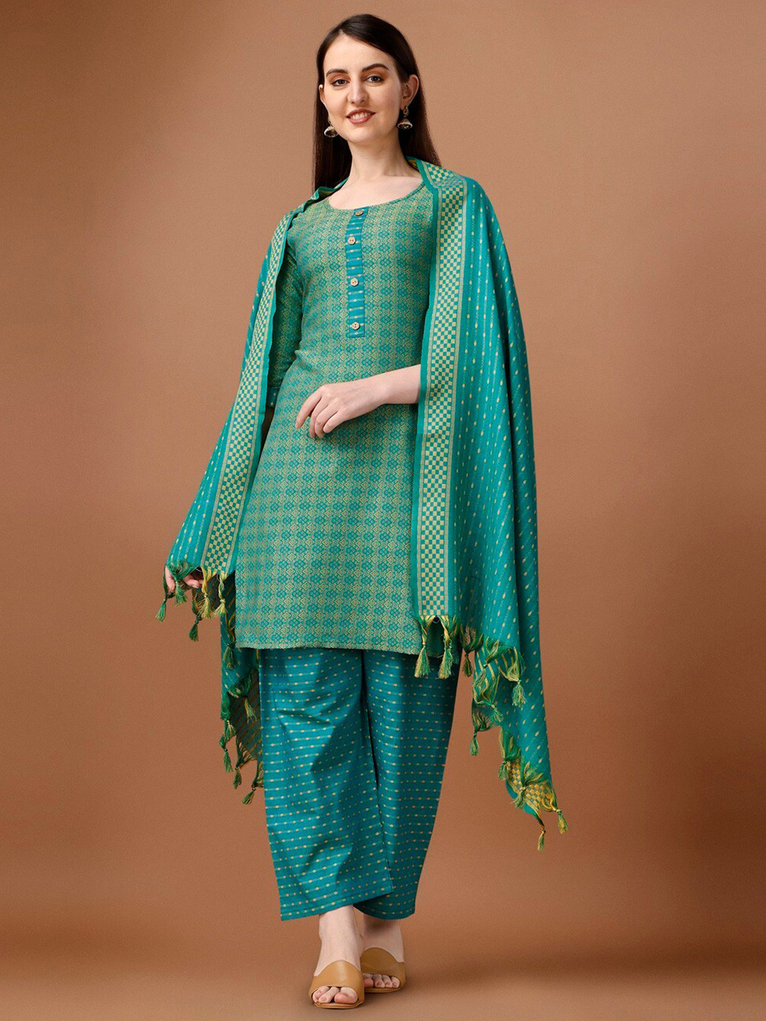 

CANIZZARO Ethnic Motifs Woven Design Pure Cotton Kurta With Trouser & Dupatta, Teal