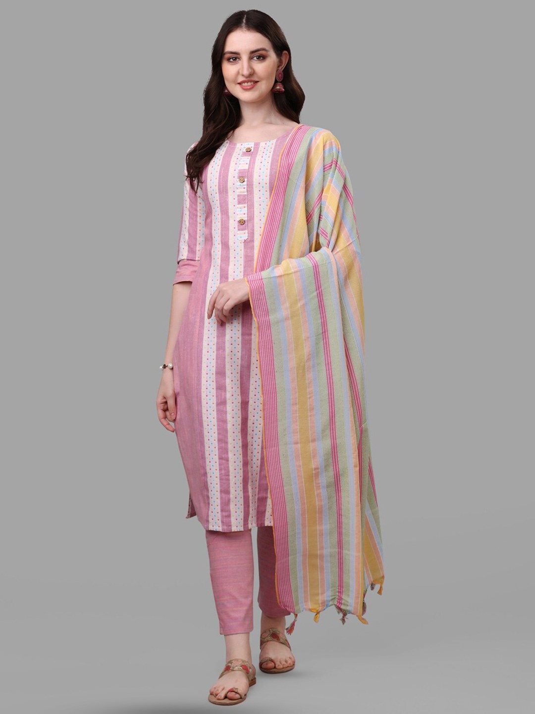 

CANIZZARO Striped Printed Round Neck Pure Cotton Kurta With Trouser & Dupatta, Pink