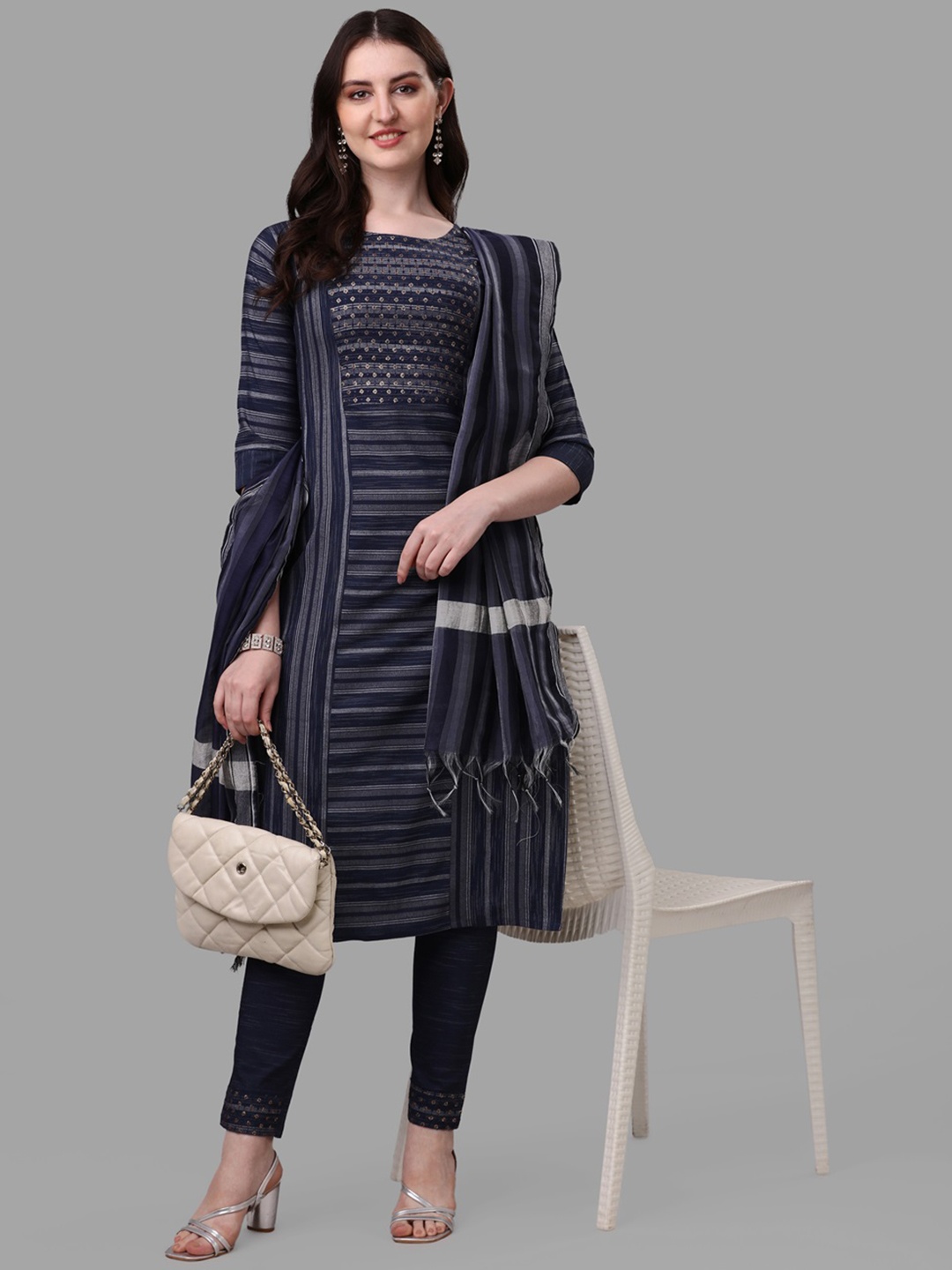 

CANIZZARO Striped Printed Round Neck Pure Cotton Straight Kurta with Trousers Dupatta, Navy blue