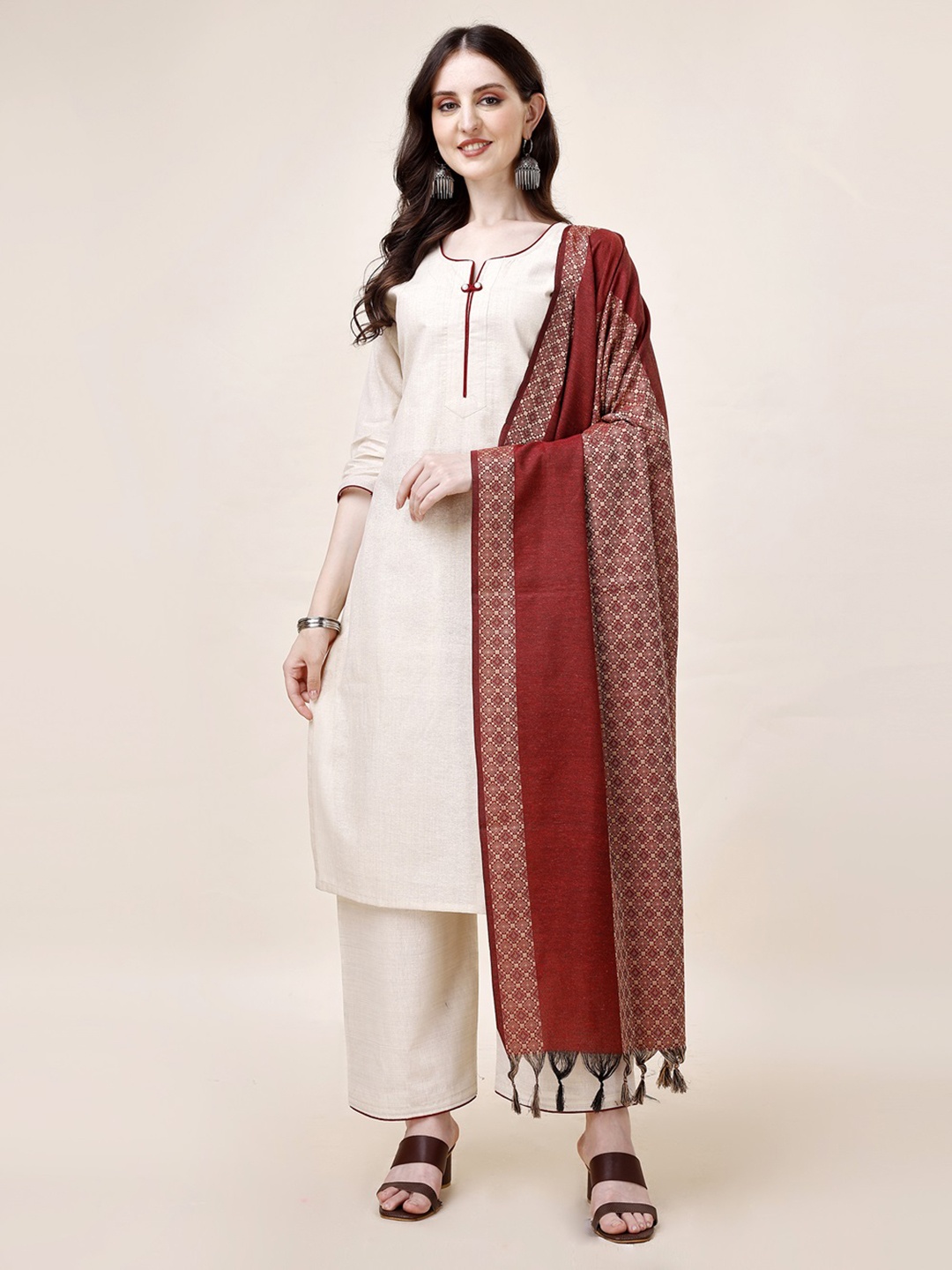 

CANIZZARO Notched Neck Pure Cotton Straight Kurta with Palazzos Dupatta, Cream